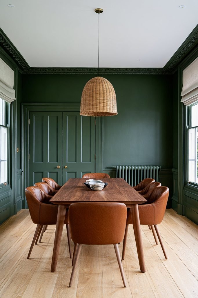 Sage green colour-drenched dining room with matching walls, ceiling, door frames, window trim and skirting boards