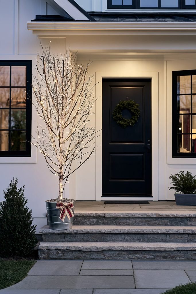 DIY birch twig Christmas tree with warm white lights in a galvanized bucket, positioned beside the farmhouse front door.