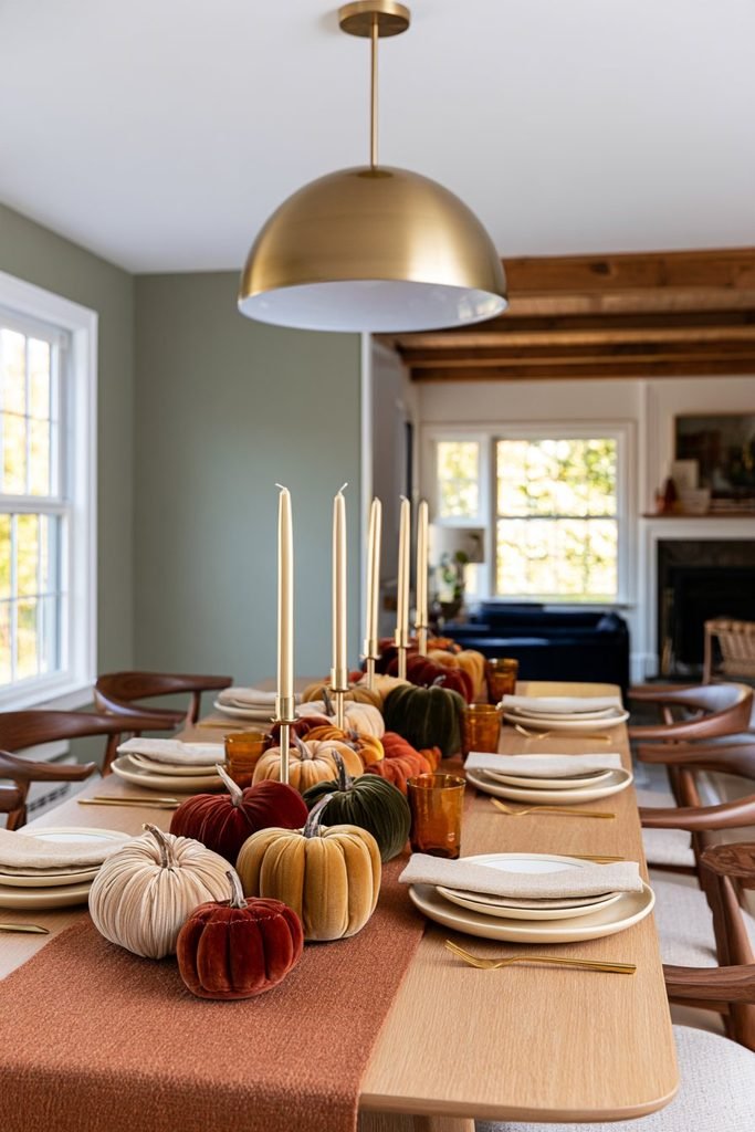 Thanksgiving table decor featuring a velvet pumpkin garland in rust, burnt orange, mustard, and olive along a linen runner.