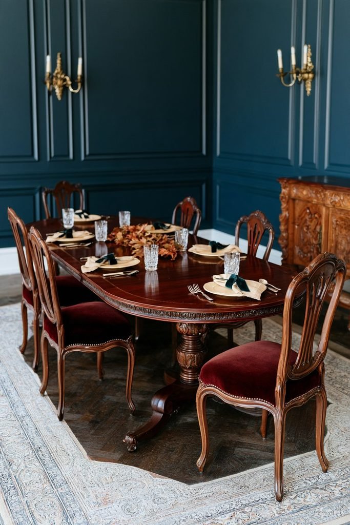 Elegant vintage Thanksgiving table with silver cutlery tied in green velvet ribbons, burgundy upholstered chairs, and a richly colored Art Deco dining room.