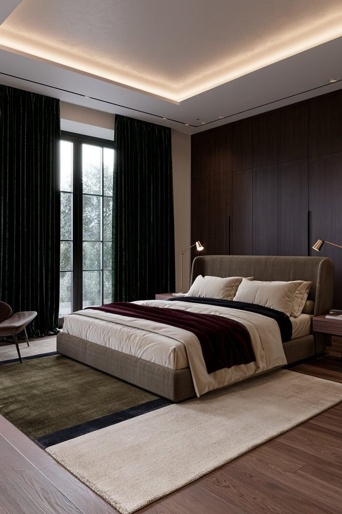 Modern dark academia bedroom with floor-length forest green velvet curtains, a black-framed window, walnut furniture, and warm ambient lighting.