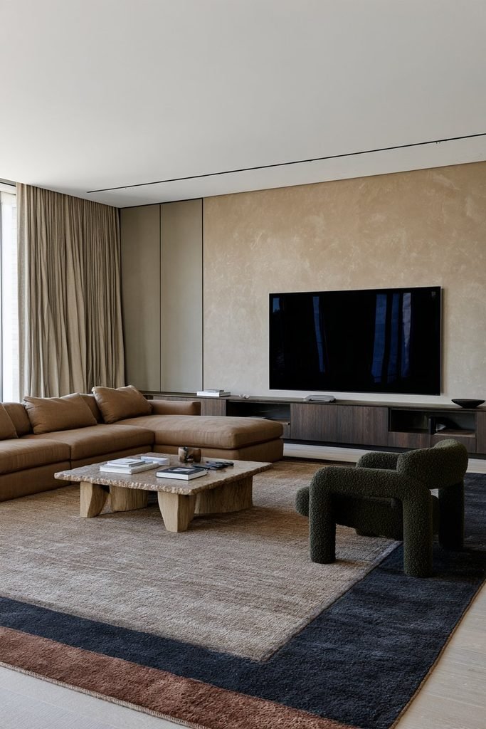 Warm taupe Venetian plaster feature wall behind a modern living room sofa and oak media console