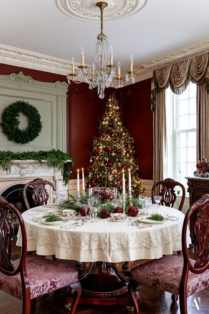 Vintage Christmas dining table decor with a round mahogany pedestal table, antique-style chairs, heirloom ornaments, and traditional festive greenery.