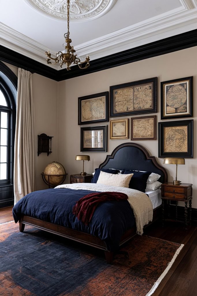 Modern dark academia bedroom with framed vintage maps above a navy upholstered bed, a decorative globe, walnut furniture, and warm lighting.