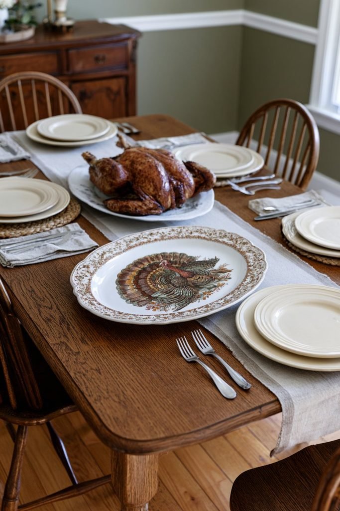 Traditional Thanksgiving table featuring an antique turkey transferware platter, Windsor chairs, dark cherrywood furniture, and colonial dining room decor.