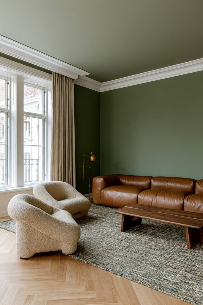 Sage green colour-drenched living room with matching walls, ceiling, trim and warm oak furniture