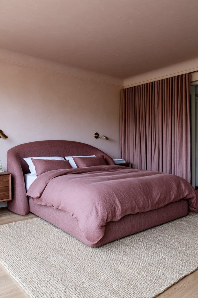 Dusty rose colour-drenched bedroom with textured tonal wallpaper, matching ceiling, trim, wardrobe and rose linen bedding