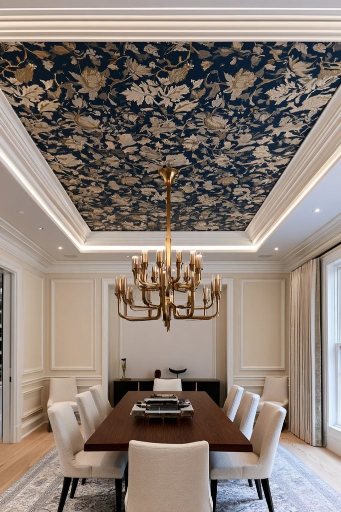 Teal and cream patterned wallpaper statement ceiling with brass chandelier in a sophisticated dining room