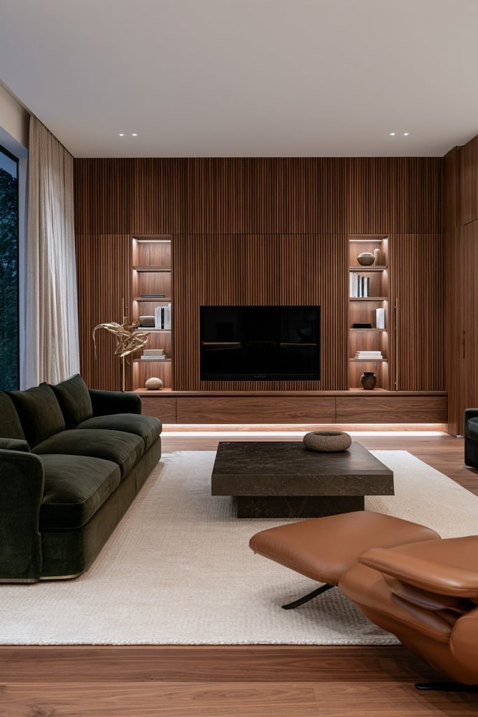 Sophisticated living room with a full-height walnut fluted media wall, brass details, built-in storage niches, green sofa, and warm architectural lighting.