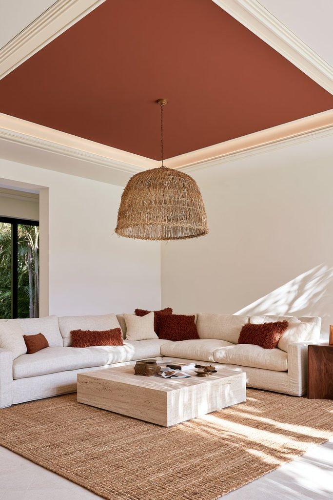 Warm terracotta clay statement ceiling with cream molding and natural textures in an elegant living