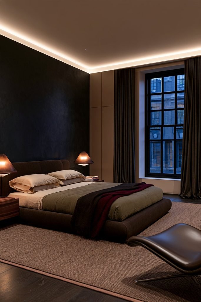 Cozy modern dark academia bedroom illuminated by shaded bedside lamps and soft amber lighting, with charcoal-blue walls and layered olive and cream bedding.