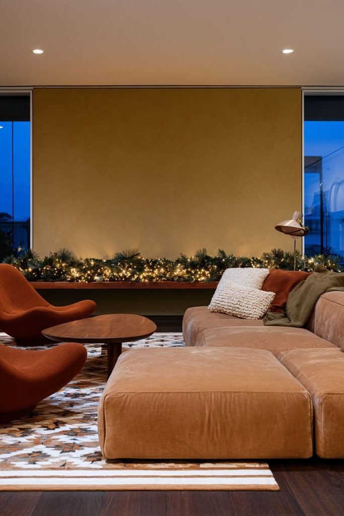 Pre-lit Christmas garland glowing with warm white lights across a festive interior