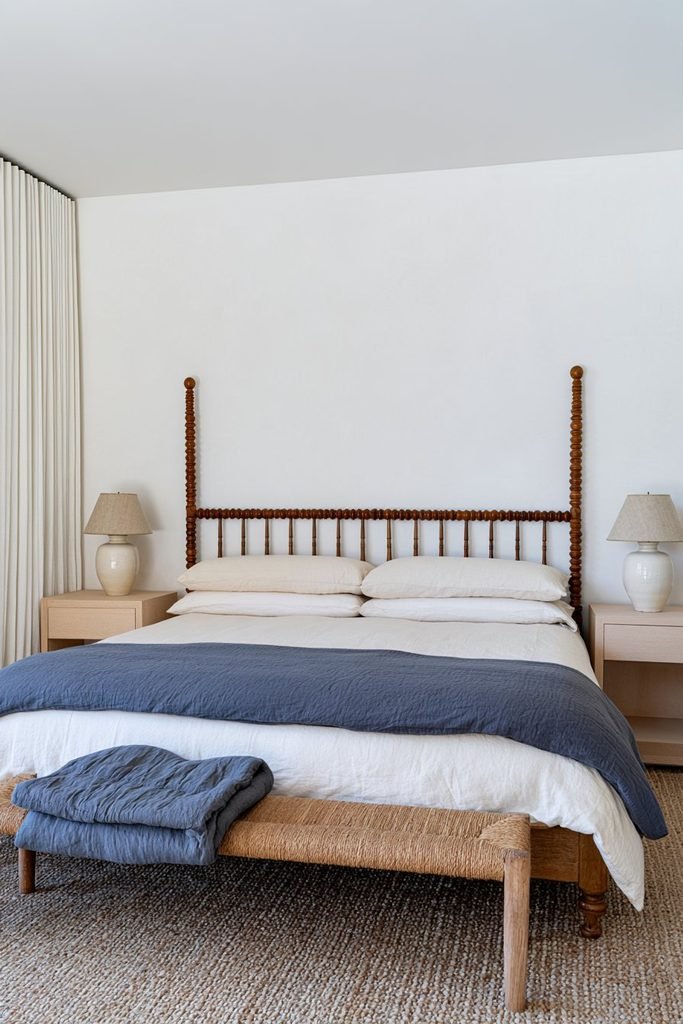 Warm white Marmorino plaster bedroom wall with an oak bed, ivory bedding, and soft linen curtains