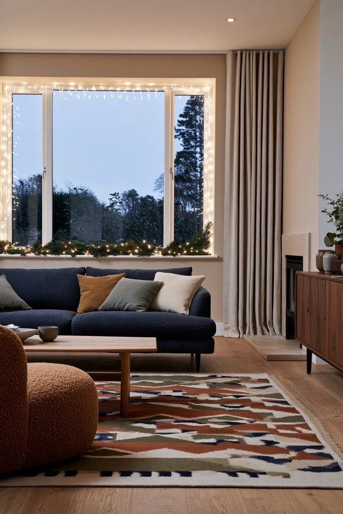 Nordic Christmas living room with warm white string lights around the window, blue-gray sofa, colorful Nordic textiles, evergreen branches, and cozy evening lighting.