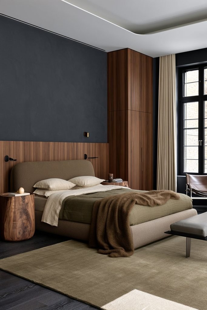 Modern dark academia bedroom with richly grained walnut nightstands, an upholstered bed, charcoal walls, brass sconces, and layered olive bedding.