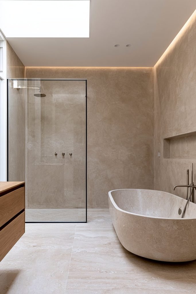 Waterproof tadelakt Venetian plaster bathroom wall surrounding a freestanding bathtub and modern shower area