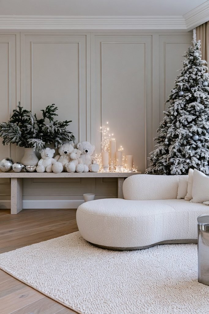 White teddy bear in a winter-inspired Christmas display with snowy miniature trees, silver ornaments, and soft ivory accents