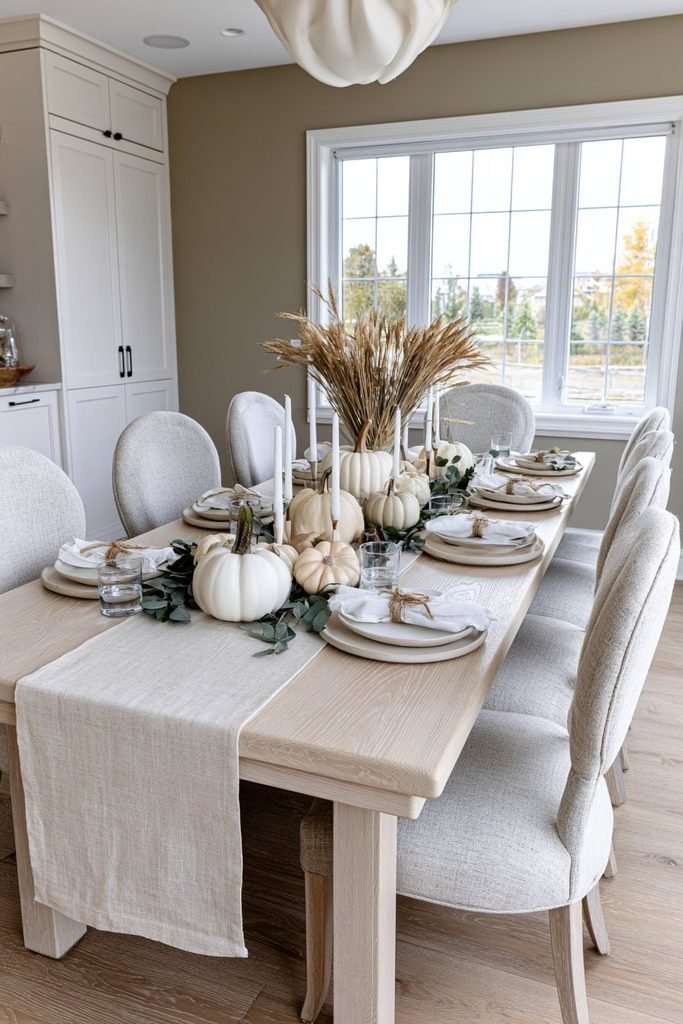 Minimalist Thanksgiving dining table with white pumpkins, ivory candles, eucalyptus, wheat stalks, and neutral Scandinavian table linens.