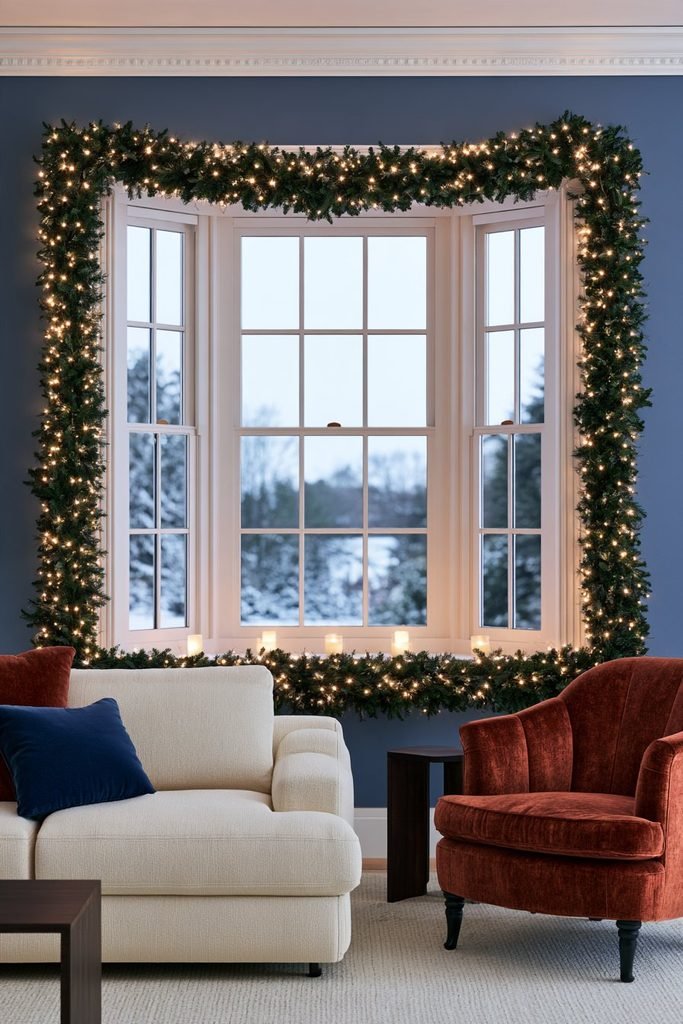 Christmas garland framing a large window with warm holiday lights in a living room