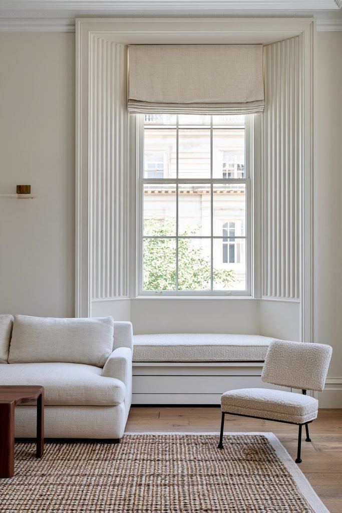 Elegant living room with a deep window reveal lined in fluted painted MDF, integrated window seat, linen shade, oak flooring, and traditional architectural trim.