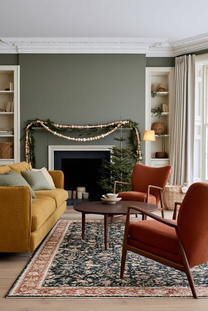 Nordic Christmas living room with a natural wood bead garland decorating the fireplace mantel and tabletop fir tree, surrounded by mustard, sage, and rust furnishings.