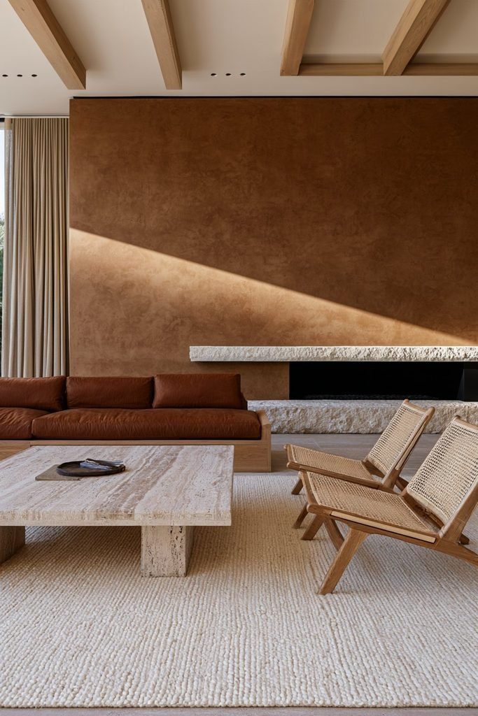Warm brown Venetian plaster living room wall paired with natural oak furniture, limestone fireplace, and travertine table