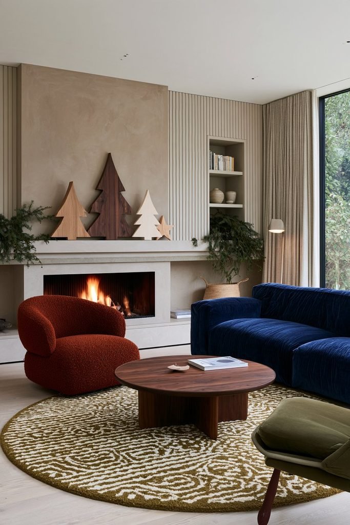 Scandinavian living room featuring three wooden Christmas trees on a fireplace mantel, petrol-blue sofa, rust and olive chairs, and natural Nordic materials.
