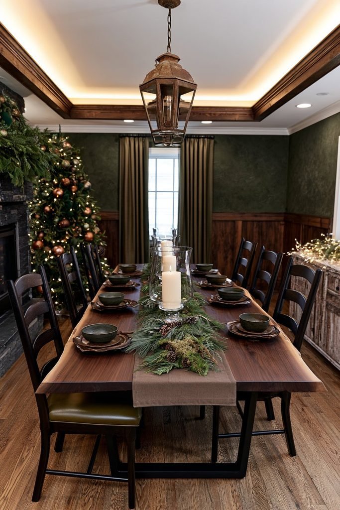 Woodland Christmas dining table decor with a dark walnut live-edge table, leather-seated chairs, evergreen branches, pinecones, and forest-inspired holiday styling.