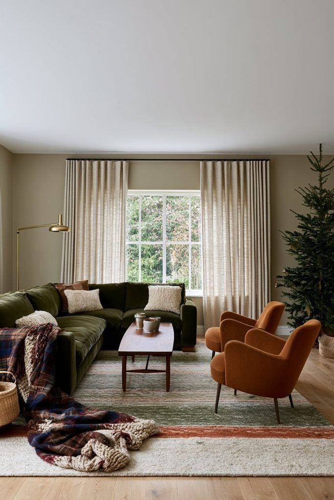 Scandinavian Christmas living room with chunky wool throws, knitted cushions, deep olive sofa, rust armchairs, patterned Nordic rug, and evergreen decorations.