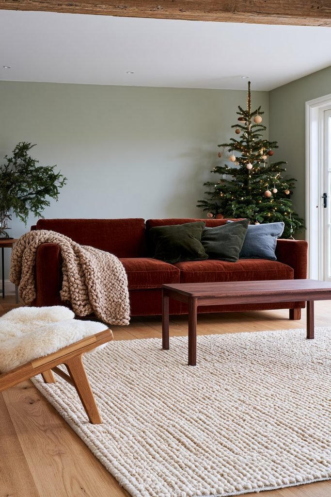 Scandinavian Christmas living room with a chunky wool throw, faux-fur chair covering, textured cushions, and a naturally decorated fir tree.