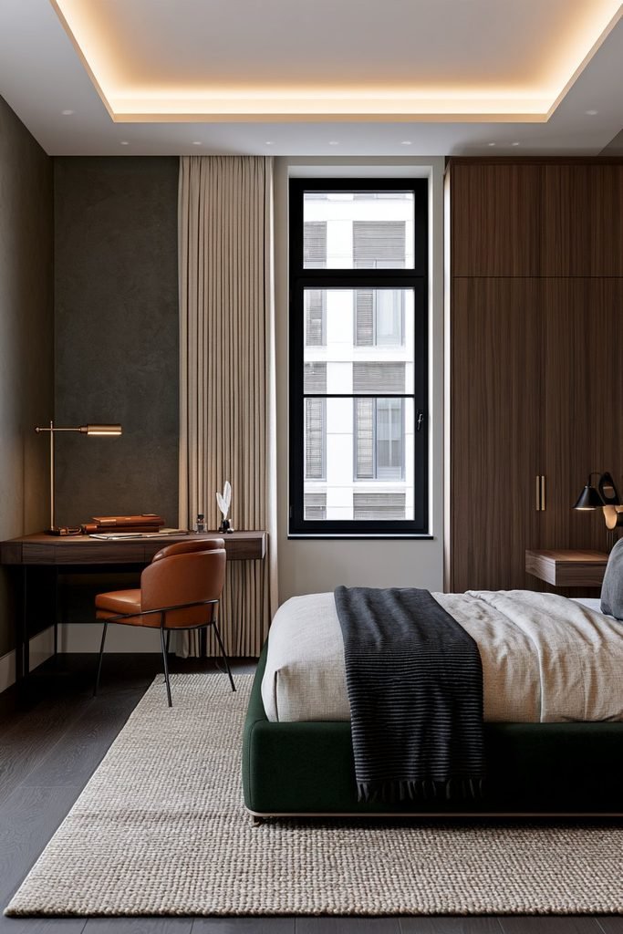 Contemporary dark academia bedroom with a compact walnut writing desk, brass desk lamp, leather journals, an upholstered bed, and warm recessed lighting.